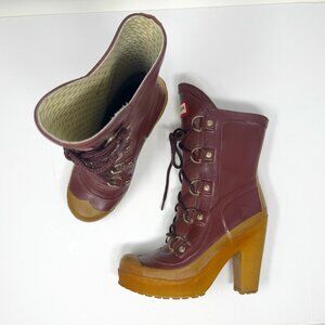 Hunter Gabby Red and Brown Rain Boots with High Heel and Lace-Up Design US 5